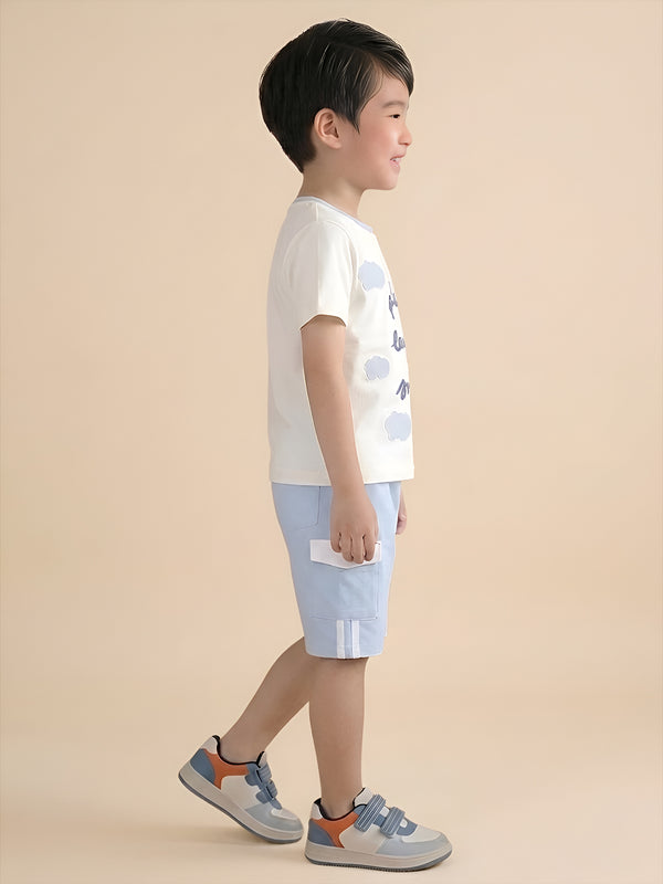 Polka Tots Half Sleeves Play, Laugh & Smile Print T-Shirt Shorts - White and Blue