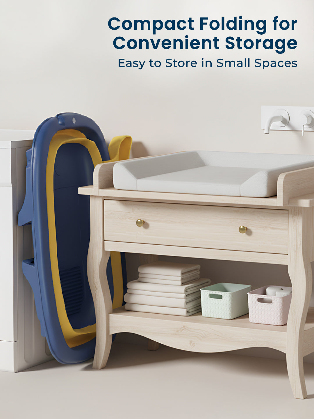 Folding changing tables stacked against a wall with text about compact folding for convenient storage.