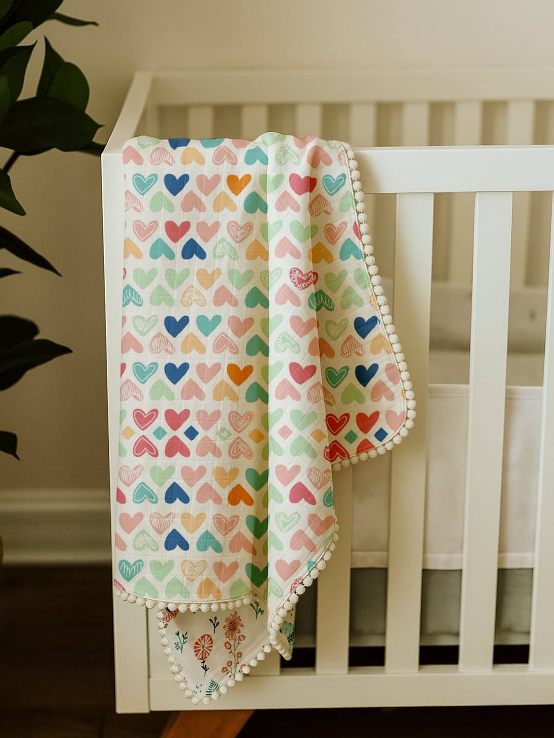 Polka Tots 100% Soft Muslin Cotton 3-Layer Reversible Baby Blanket/Dohar with Pom-Pom Lace - Mini Hearts & Bloomy Bear Print