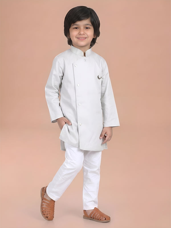 Polka Tots Full Sleeve Solid Ethnic Kurta Pyjama Set - Grey
