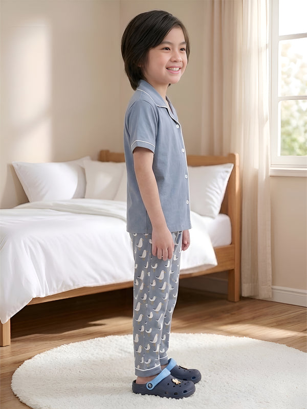 Polka Tots Half sleeves Captain Gull Print Night Suit - Grey