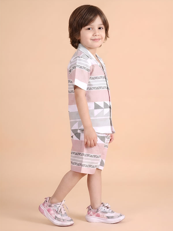Polka Tots Half Sleeves Geometrc print Co-ord Shorts - Brown