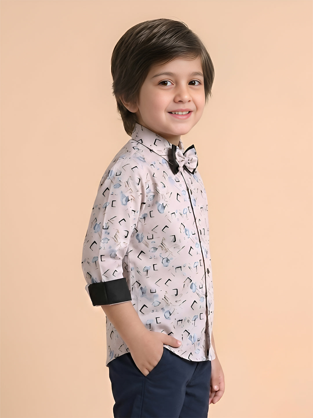 Polka Tots Cotton Full Sleeves Party Wear Shirt With Dual Bow Tie All Over Print - Light Pink