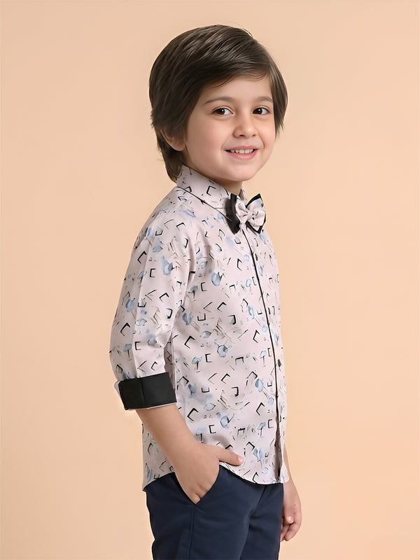 Polka Tots Cotton Full Sleeves Party Wear Shirt With Dual Bow Tie All Over Print - Light Pink