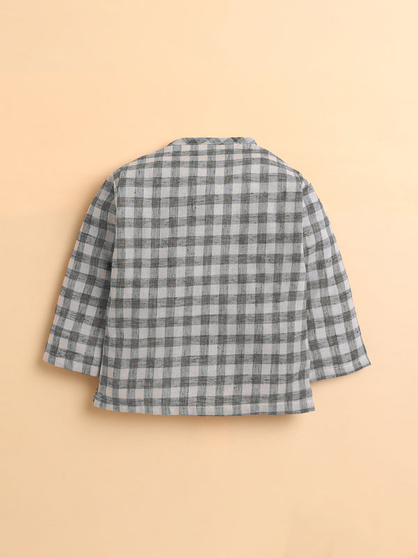 Polka Tots Soft Cotton Full-Sleeves Teddy Pocket Gingham Jhabla & Pant Set - Grey