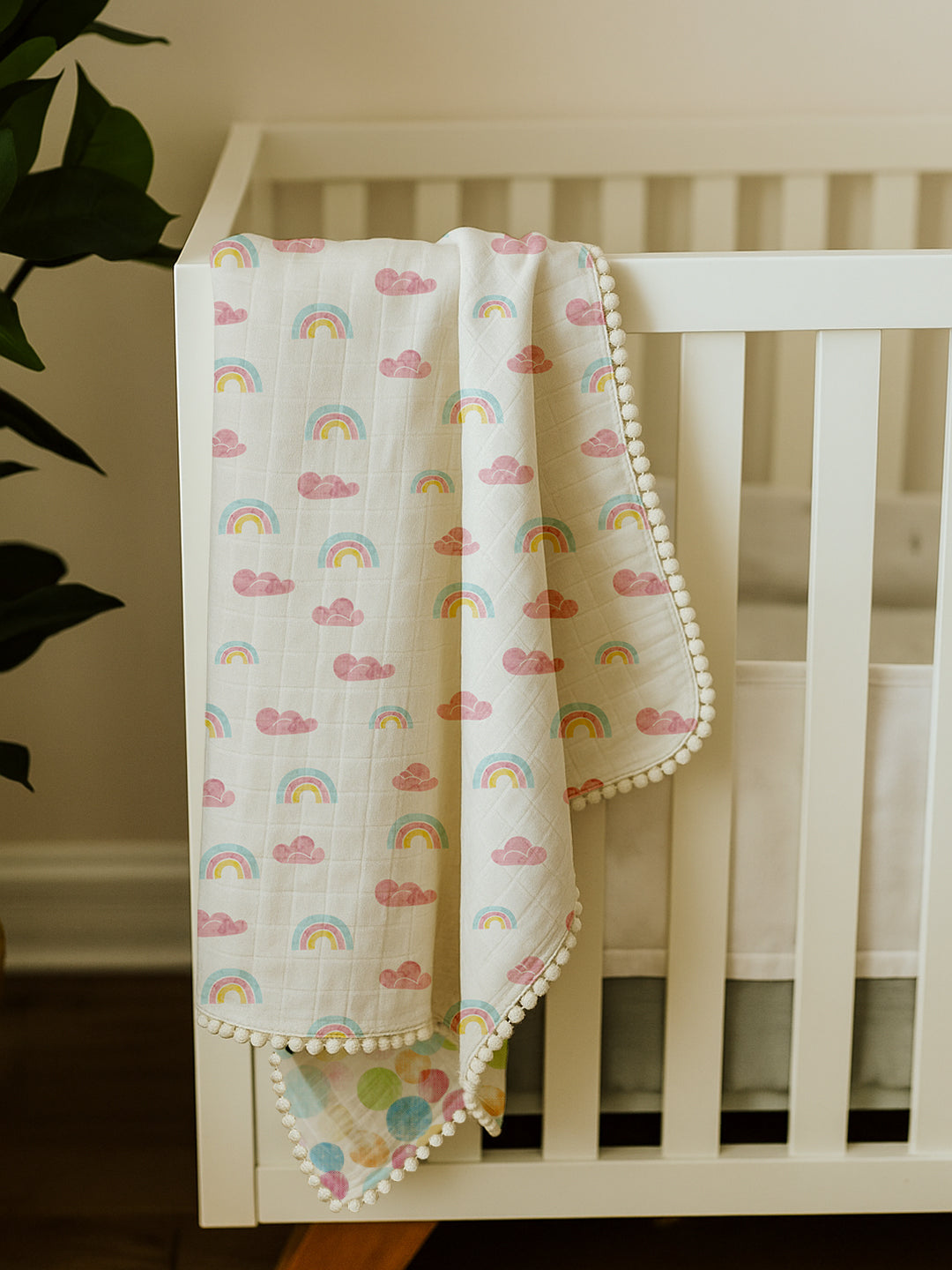 Polka Tots 100% Soft Muslin Cotton 3-Layer Reversible Baby Blanket/Dohar with Pom-Pom Lace - Rainbow Mist & Polka Dots Print