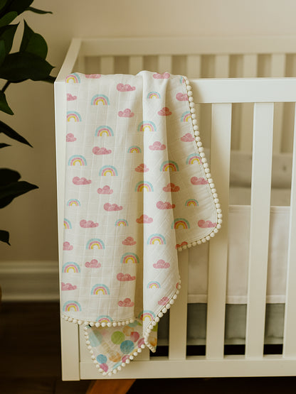 Polka Tots 100% Soft Muslin Cotton 3-Layer Reversible Baby Blanket/Dohar with Pom-Pom Lace - Rainbow Mist & Polka Dots Print