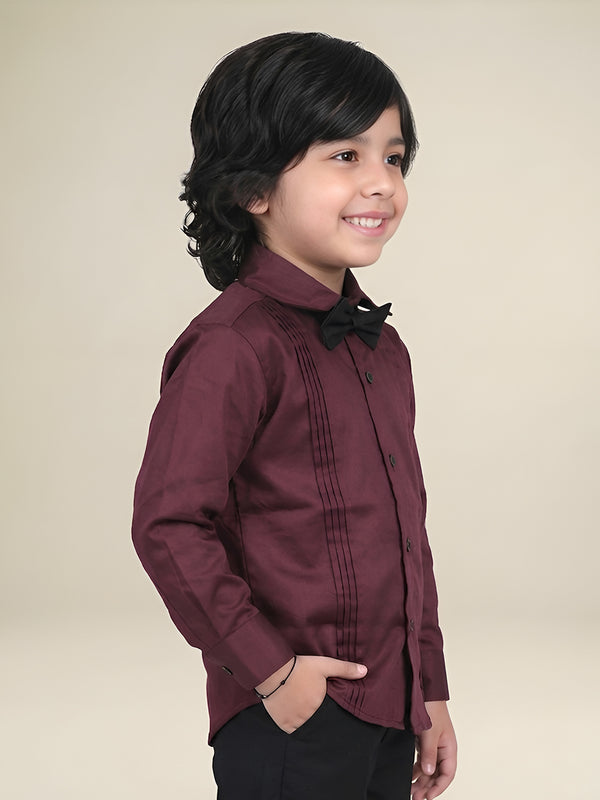 Polka Tots Full Sleeves Cotton Satin Shirt with Bow Tie - Maroon