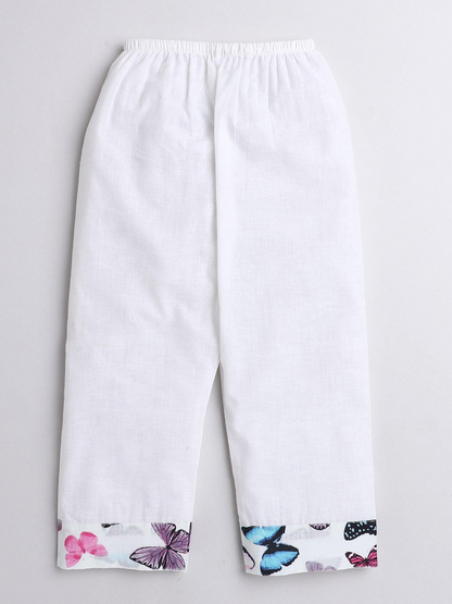 Polka Tots Butterfly print Full sleeves Nightwear Kurta pyjama set- White