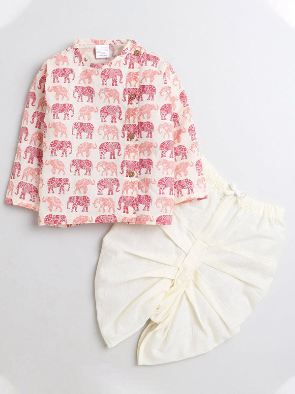 Polka Tots Dhoti Kurta Set for Boys 100% Super Soft Cotton Traditional Ethnic Wear For Kids Red Elephant - Cream