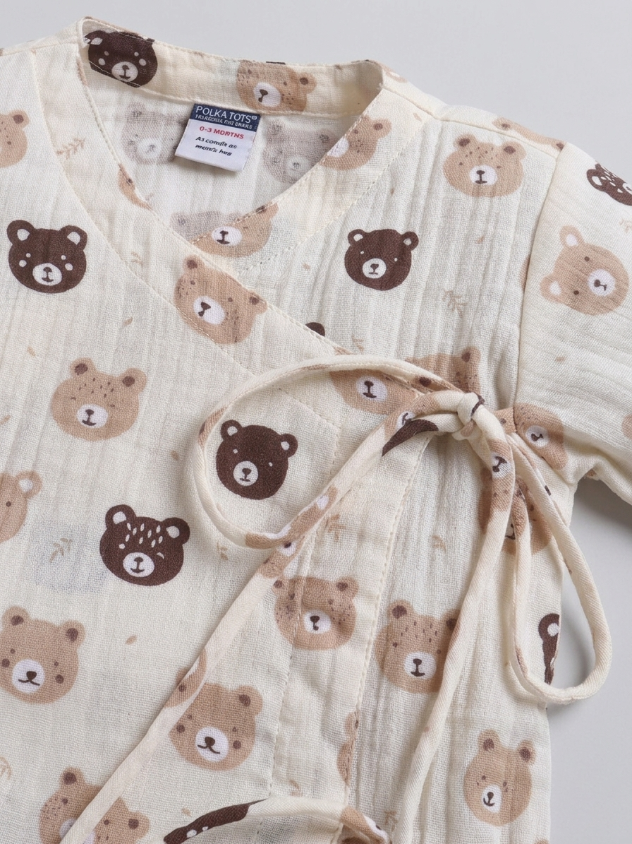 Polka Tots Wrinkled Muslin Cotton Teddy Print Kediya Jhabla & Pant Set - Off White