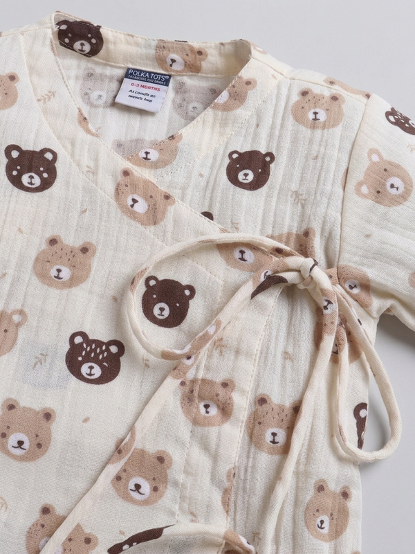 Polka Tots Wrinkled Muslin Cotton Teddy Print Kediya Jhabla & Pant Set - Off White