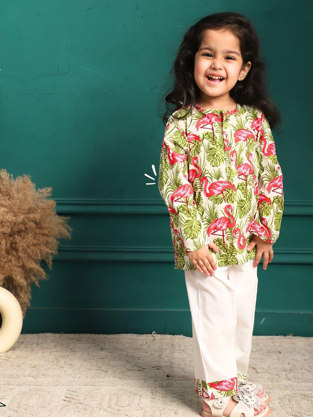 Polka Tots Swan print Front open Full sleeves Nightwear Kurta pyjama set - Pink