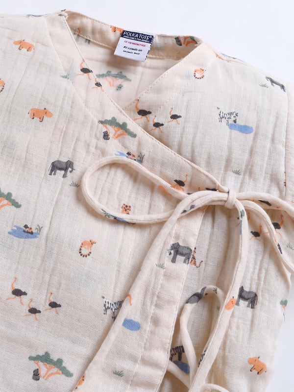Polka Tots Wrinkled Muslin Cotton Jungle Safari Print Kediya Jhabla & Pant Set - Peach