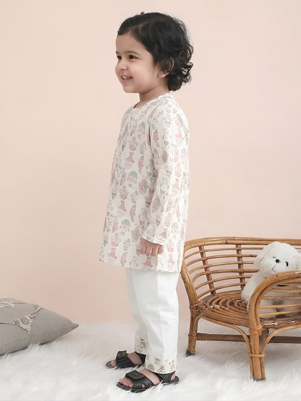 Polka Tots Fish print Full sleeves Nightwear Kurta pyjama set - Pink