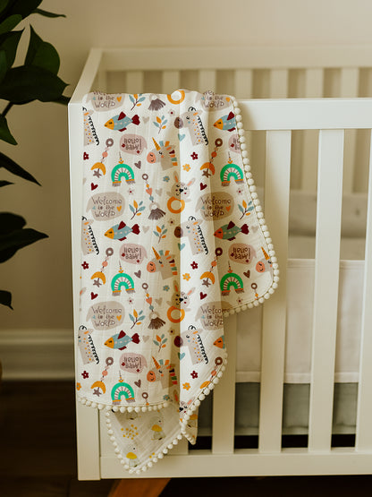 Polka Tots 100% Soft Muslin Cotton 3-Layer Reversible Baby Blanket/Dohar with Pom-Pom Lace - Jumbo Jr. & Hello Baby Print
