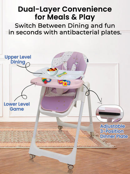 High chair with adjustable plate for dining and play, featuring antibacterial plates.