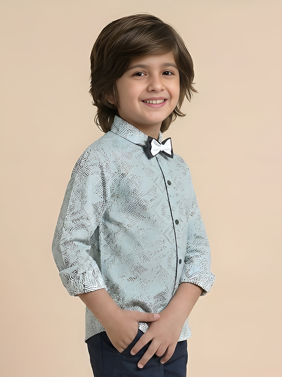 Polka Tots Cotton Regular Fit Full Sleeve Zig Zag Print Dual Bow Tie Shirt - Sky Blue