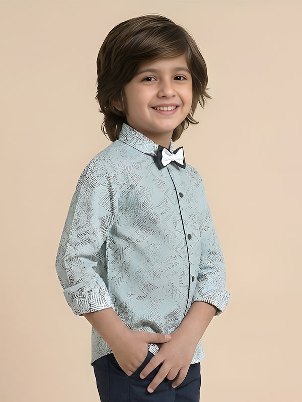 Polka Tots Cotton Regular Fit Full Sleeve Zig Zag Print Dual Bow Tie Shirt - Sky Blue