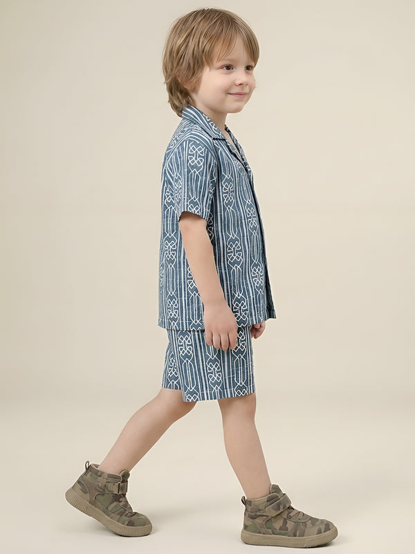 Polka Tots Cotton Half Sleeves Geometric print Co-ords - Sea blue