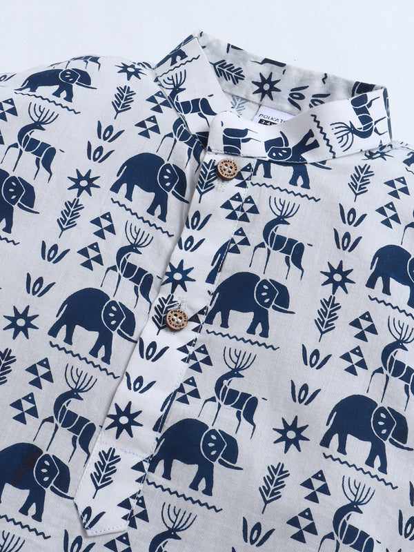Polka Tots Full Sleeve Varli  Elephant Print Kurta Dhoti – Navy Blue