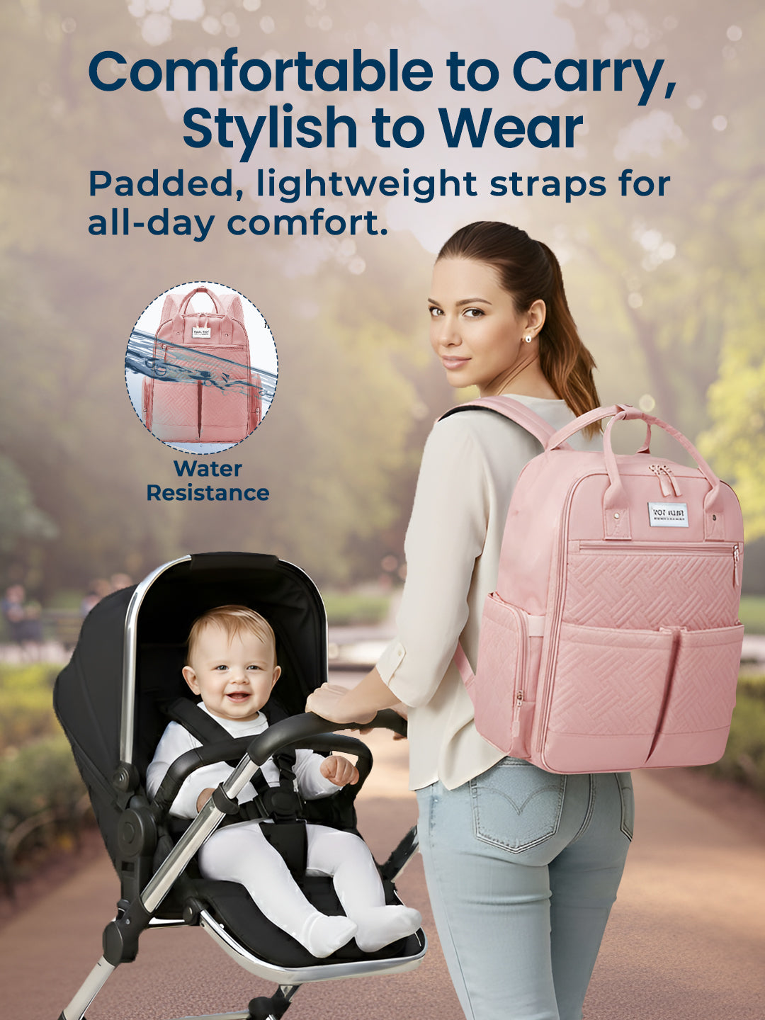 Woman with a baby in a stroller and a pink backpack, with text about comfort and style.