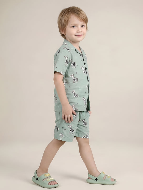 Polka Tots Half Sleeves Zebra Print Co-ords - Green