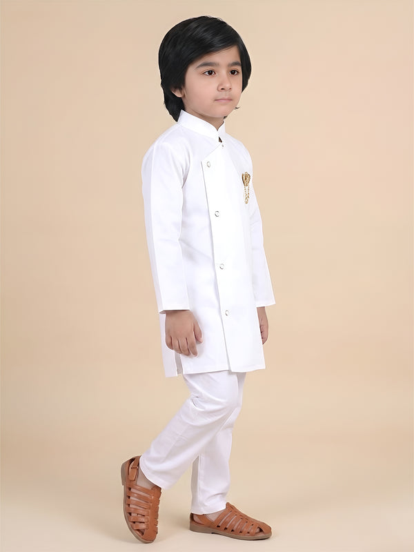 Polka Tots Full Sleeve Solid Ethnic Kurta Pyjama Set - White
