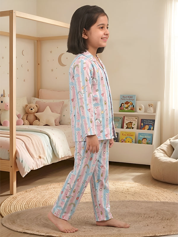 Polka Tots Full sleeves Unicorn print Stripes Night suit - Pink