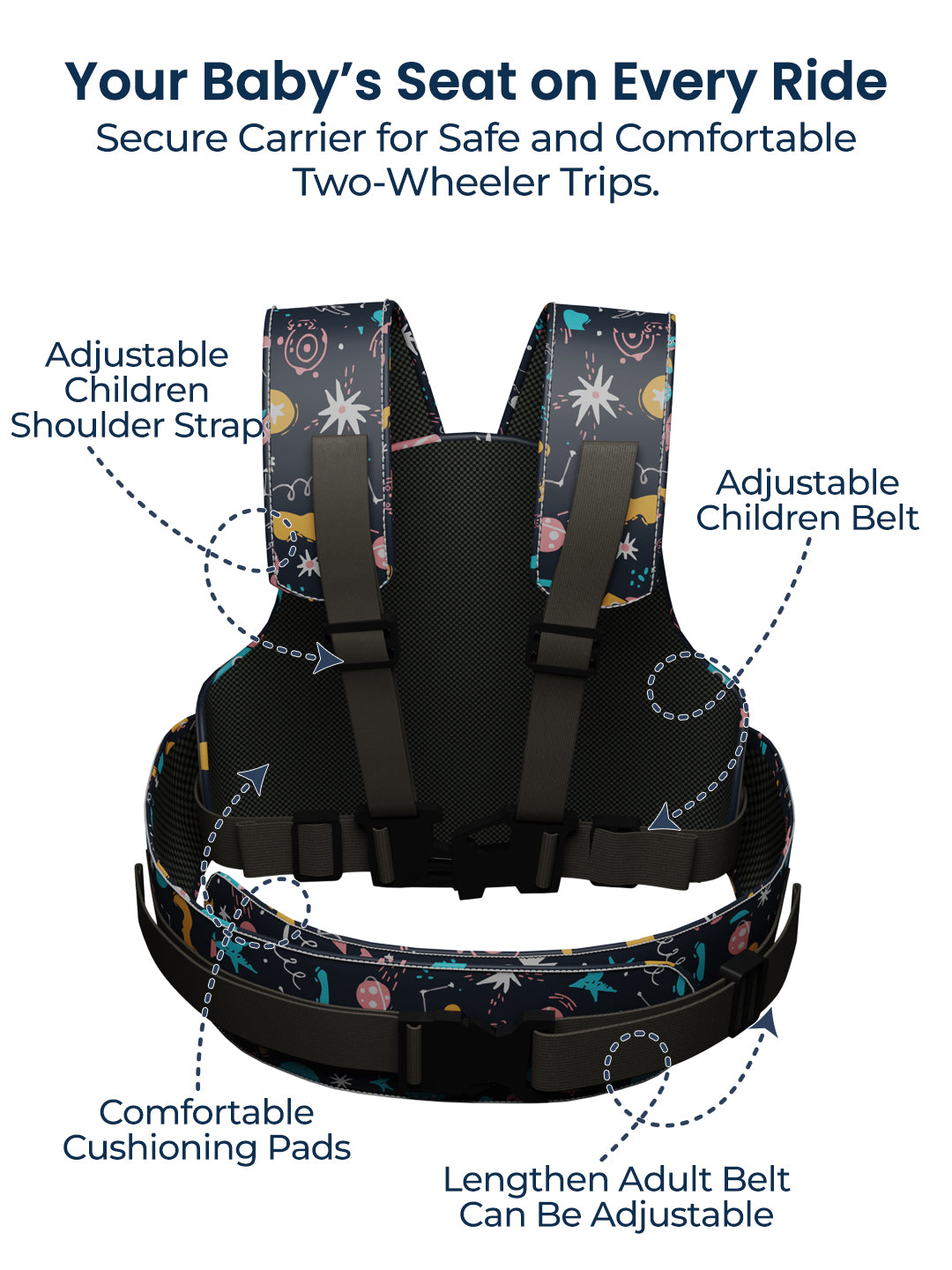 Baby seat carrier with adjustable straps and cushioning for safe two-wheeler trips.