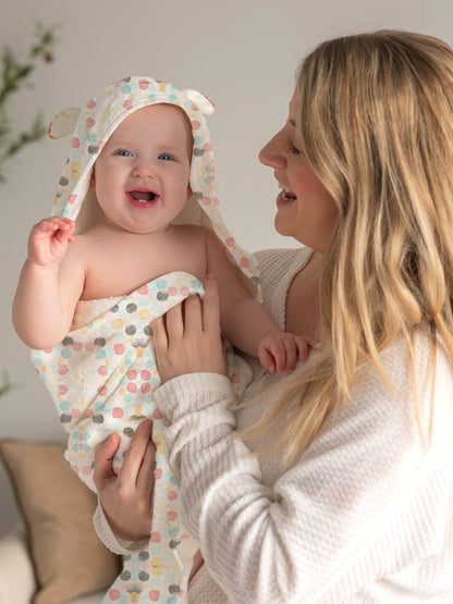 Polka Tots 100% Soft Muslin Cotton 2-Layer Hooded Baby Towel with Ear Appliqué - Polka Dots Print