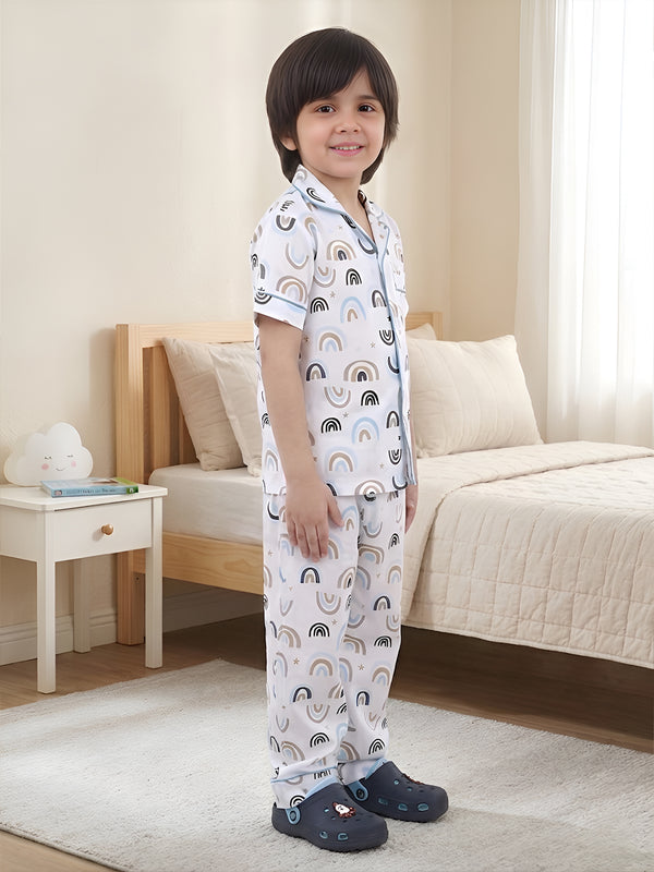 Polka Tots Half sleeves Rainbow print Night Suit - White
