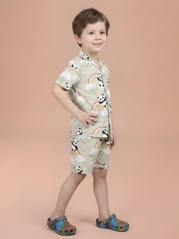 Polka Tots Half Sleeves Panda Rainbow Print Co-ord Shorts - Green