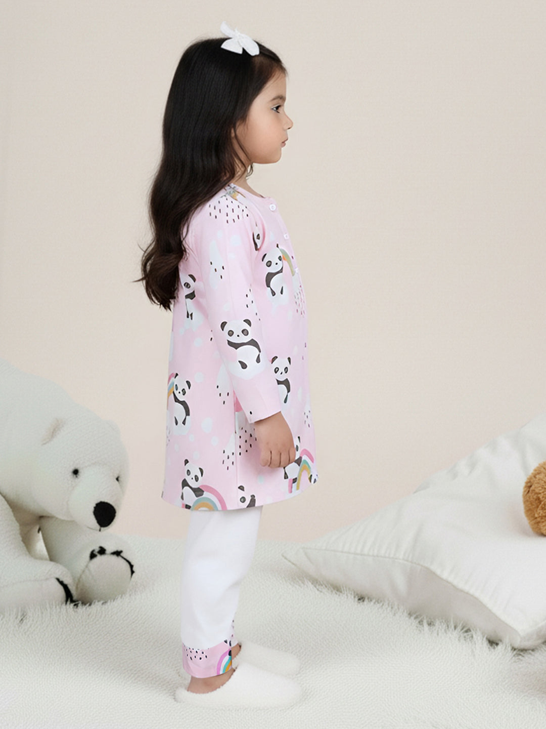 Polka Tots Panda Rainbow Print Full sleeves Nightwear Kurta pyjama set - Pink