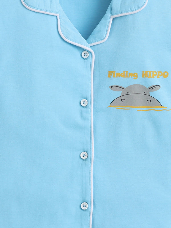 Polka Tots Half sleeves Finding Hippo Print  Night Suit - Blue