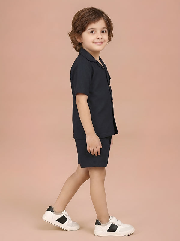 Polka Tots Half Sleeves Solid Co-ords - Navy Blue