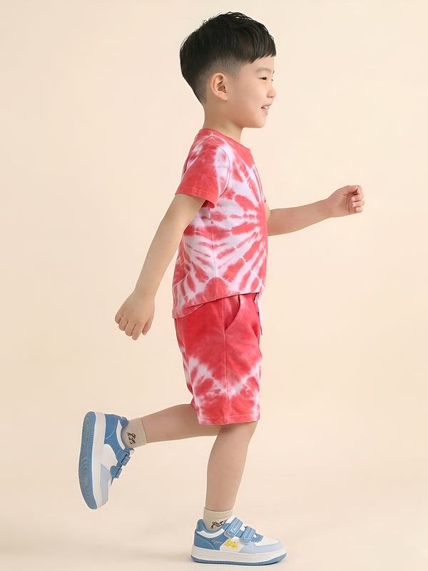 Polka Tots Half Sleeves Heart Tie-dye T-Shirt Shorts - Pink