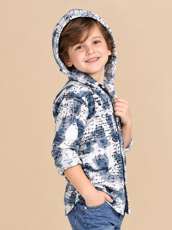 Polka Tots Full Sleeves Abstract Scribble Print Hooded Kids Shirt with Smiley Patch - Blue
