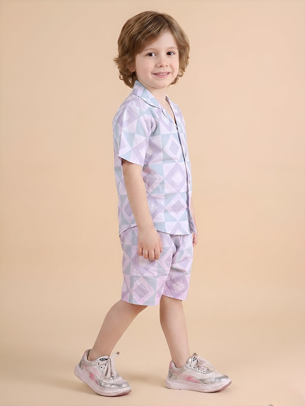 Polka Tots Half Sleeves Geometric print Co-ord Shorts - Blue
