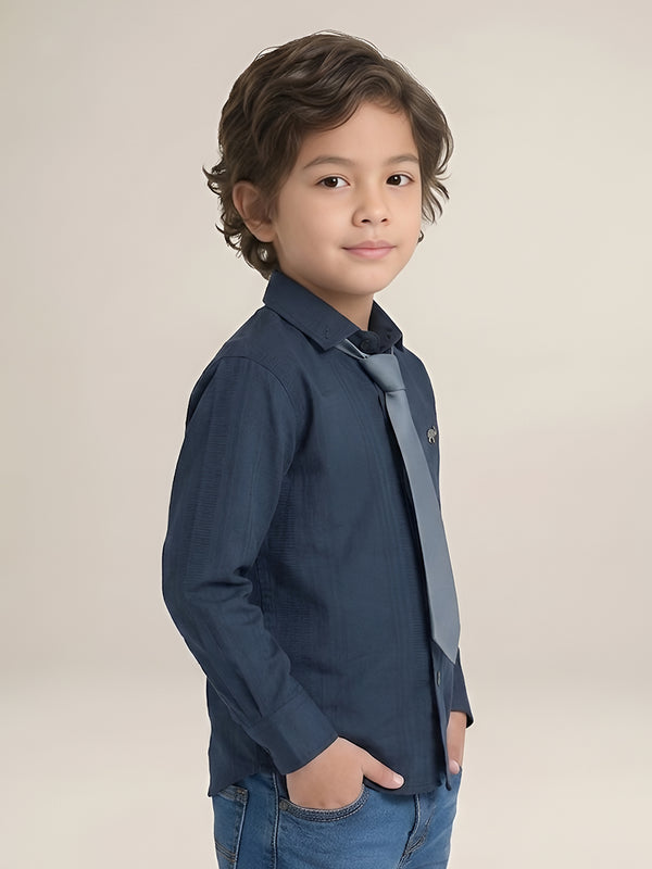 Polka Tots Full Sleeves Cotton self textured Shirt with Tie - Navy