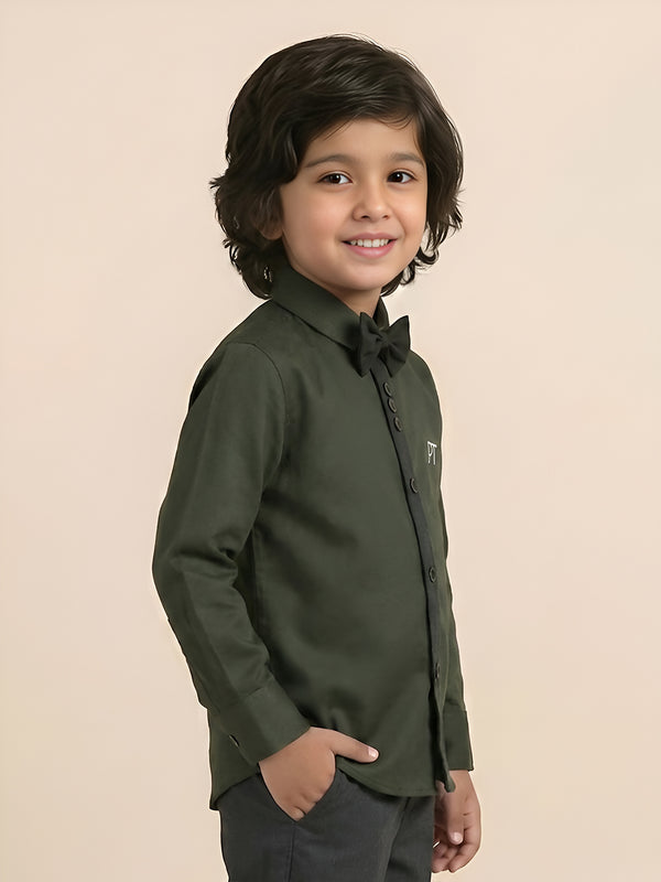 Polka Tots Full Sleeve Party Wear Reverse Collar Placket With Bow Tie Shirt - Green