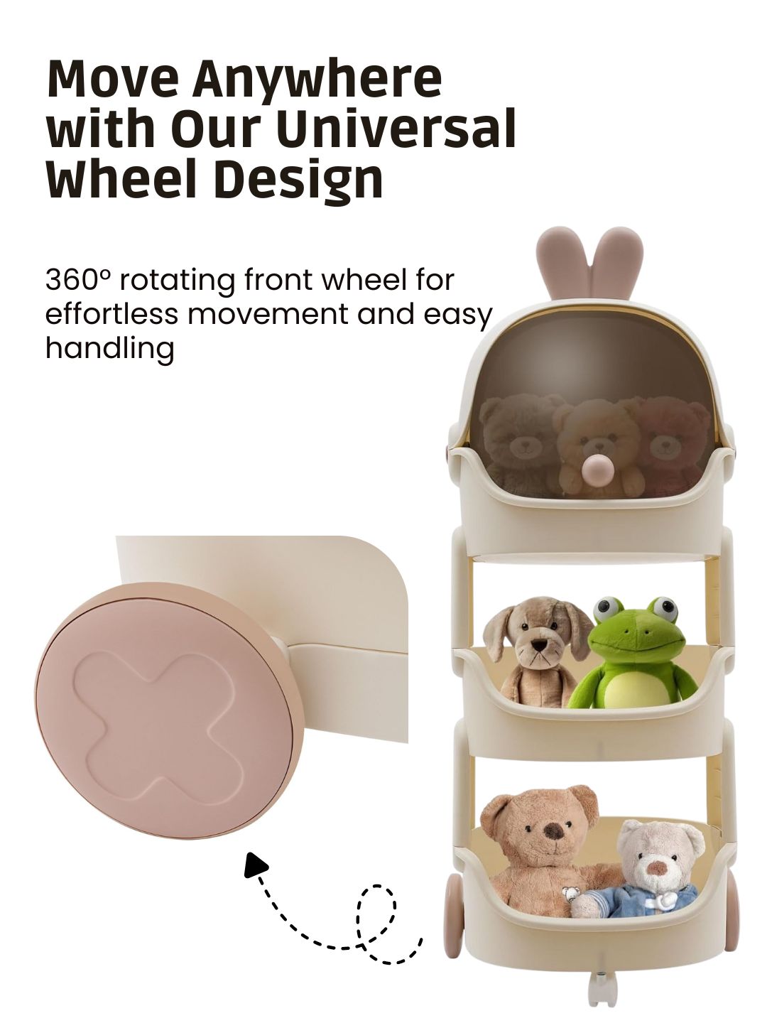 High chair with toys and a 360-degree rotating wheel on a white background