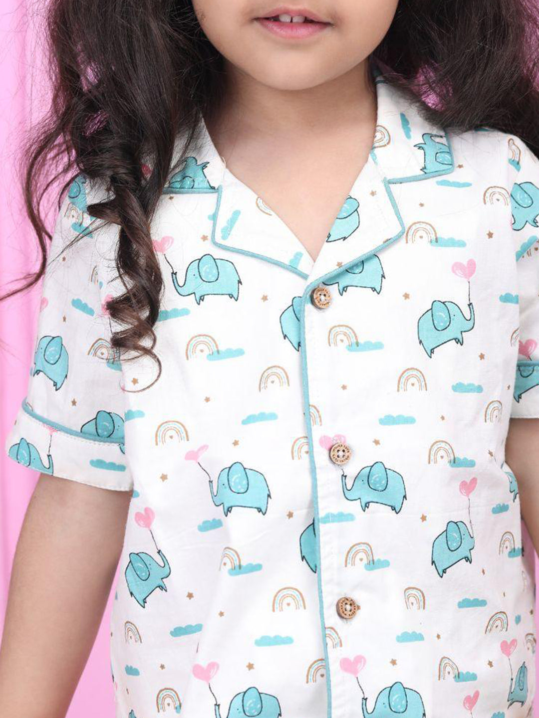 Polka Tots Half Sleeve Elephant print Night Suit -  White