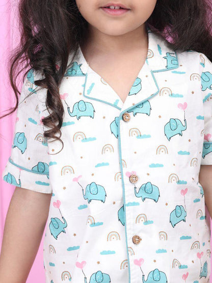 Polka Tots Half Sleeve Elephant print Night Suit -  White