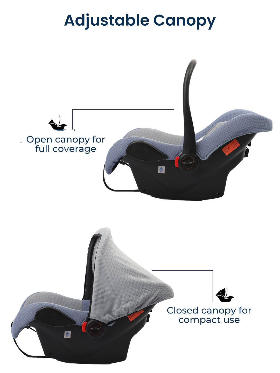 Baby car seat with adjustable canopy showing open and closed positions on a white background.