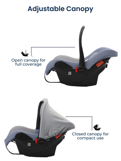 Baby car seat with adjustable canopy showing open and closed positions on a white background.
