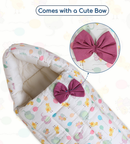 Polka Tots Baby Sleeping Nest Cotton Carry Pod Bedding for Newborn Sleeping Bag with a Bow - Balloon print Yellow