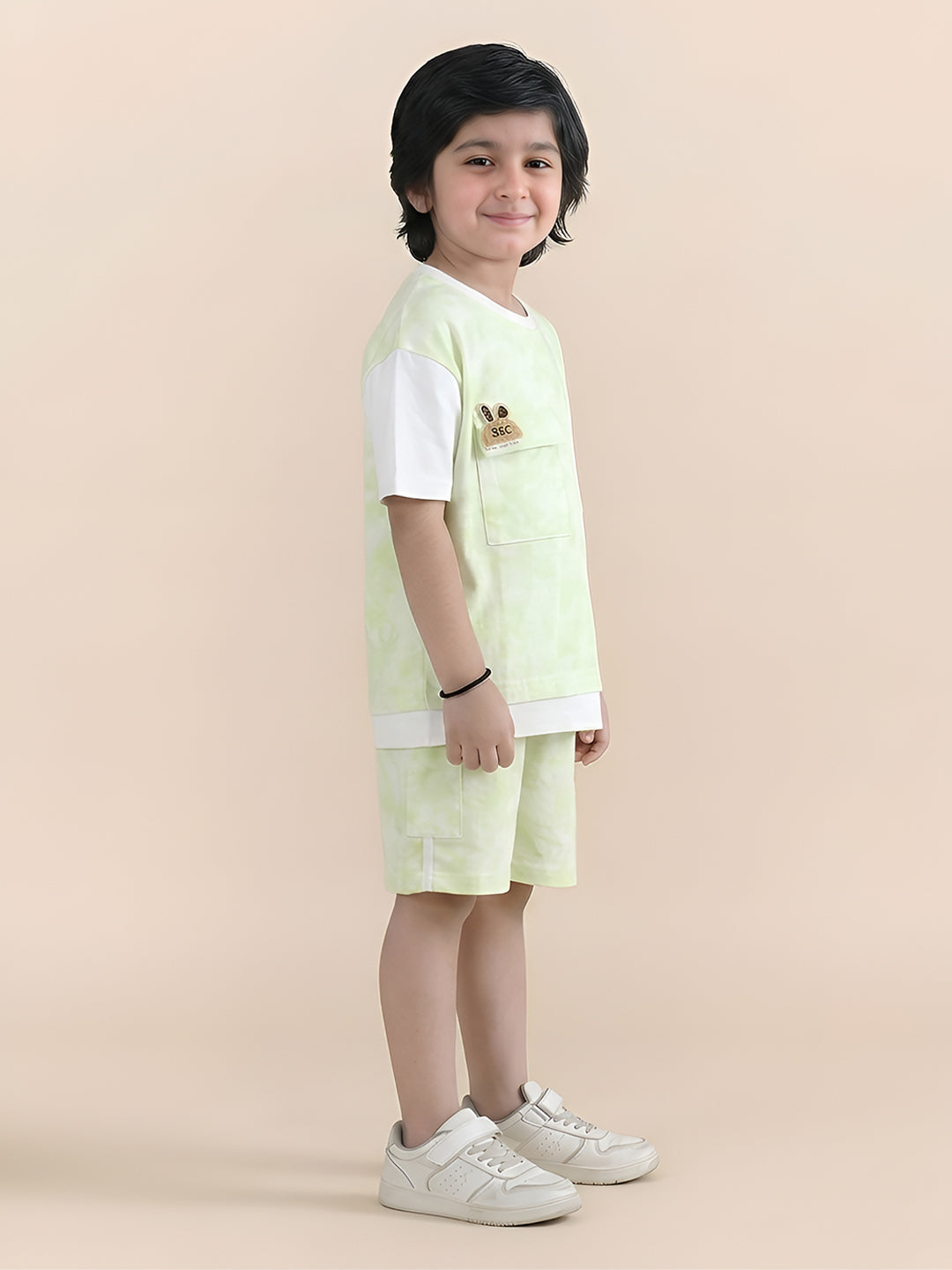 Polka Tots Half Sleeves Tie-Dye T-Shirt Shorts with Pocket Detail - Green