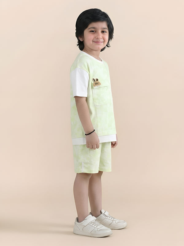 Polka Tots Half Sleeves Tie-Dye T-Shirt Shorts with Pocket Detail - Green