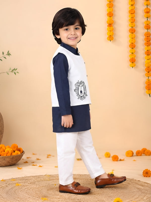 Polka Tots Full sleeves Lion Embroidery Koti Kurta Pyjama - Navy Blue